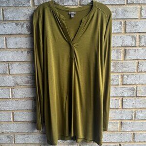 J. Jill Long Sleeve Split V-Neck Olive Green Stretch Blouse Women's Size L